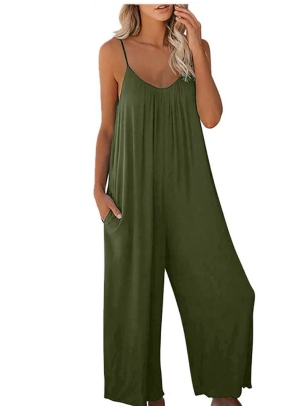 Olive Green Wide-Leg Spaghetti-Strap Jumpsuit